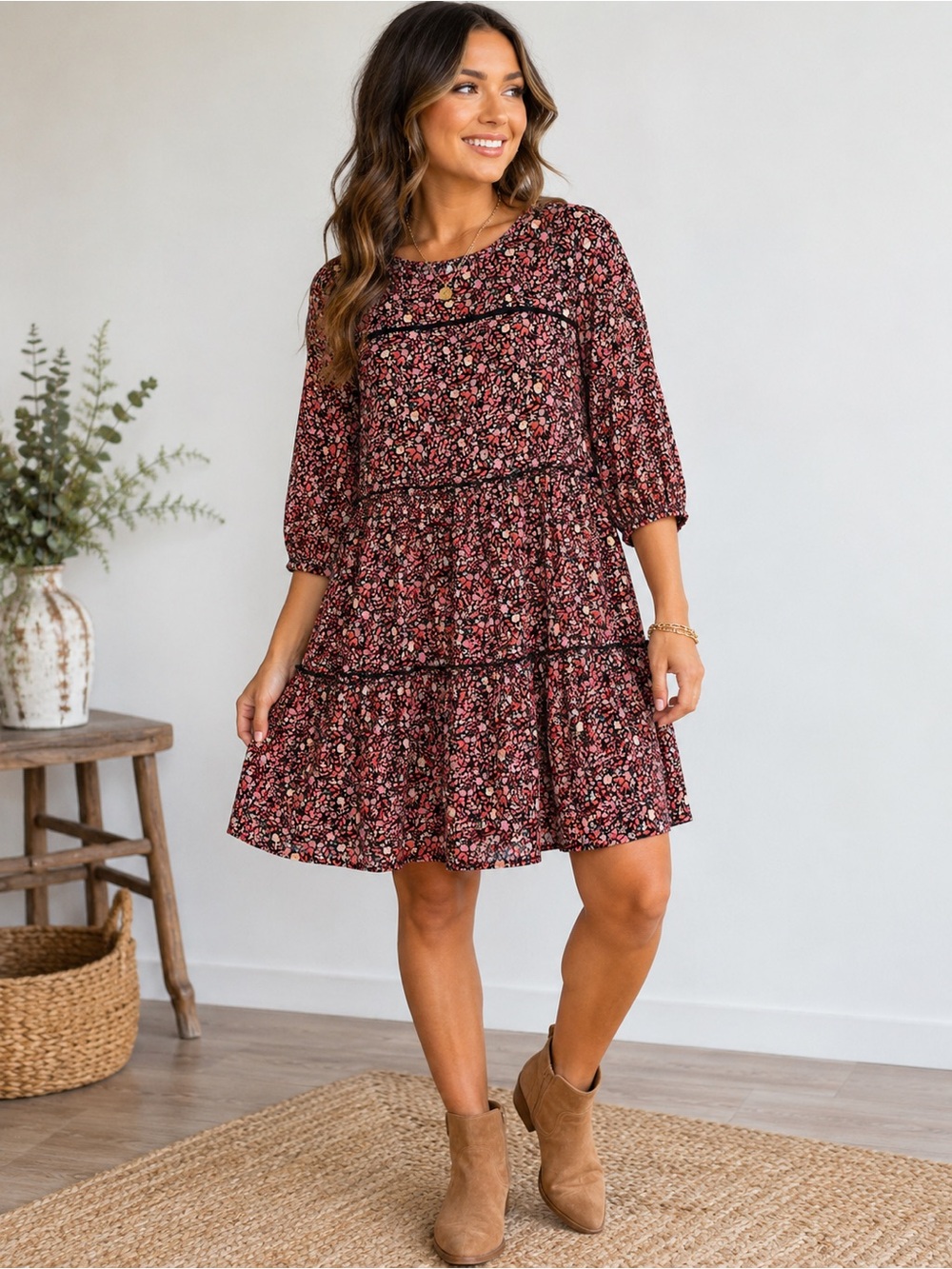 Knox Rose Floral Tiered Babydoll Dress Pink Black Rayon Size Medium